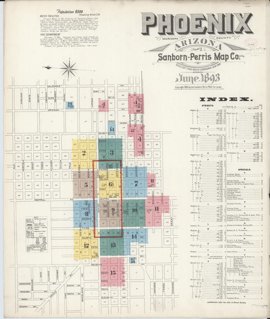 Sanborn Fire Insurance Map from Phoenix, Maricopa County, Arizona (1893), Sheet #0001 - Complete Map Set gallery image, historic Sanborn map, vintage wall art, Arizona Arizona