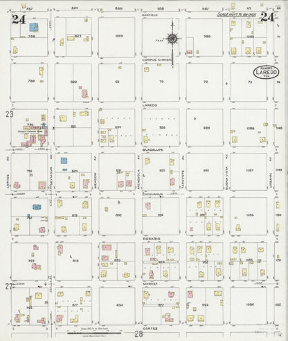 Sanborn Fire Insurance Map from Laredo, Webb County, Texas (1925), Sheet #0024 - Historic Sanborn Fire Insurance Map Print, vintage old map wall art, antique decor, genealogy gift, Texas Texas map
