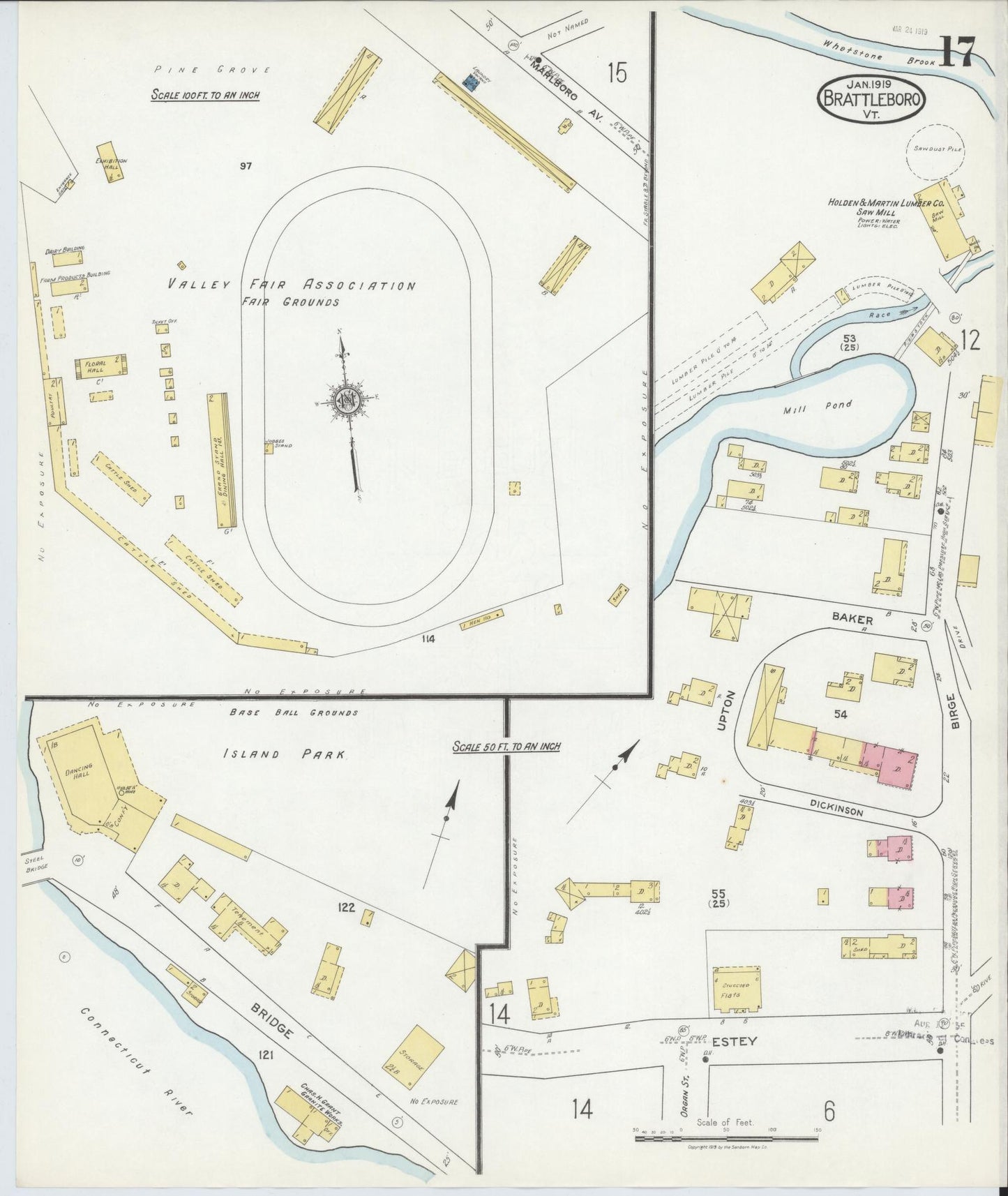 Sanborn Fire Insurance Map from Brattleboro, Windham County, Vermont (1919), Sheet #0017 - Historic Sanborn Fire Insurance Map Print, vintage old map wall art, antique decor, genealogy gift, Vermont Vermont map