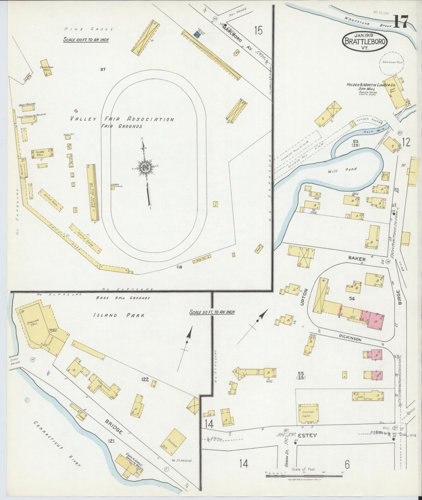 Sanborn Fire Insurance Map from Brattleboro, Windham County, Vermont (1919), Sheet #0017 - Historic Sanborn Fire Insurance Map Print, vintage old map wall art, antique decor, genealogy gift, Vermont Vermont map