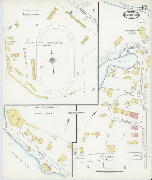 Sanborn Fire Insurance Map from Brattleboro, Windham County, Vermont (1919), Sheet #0017 - Historic Sanborn Fire Insurance Map Print, vintage old map wall art, antique decor, genealogy gift, Vermont Vermont map