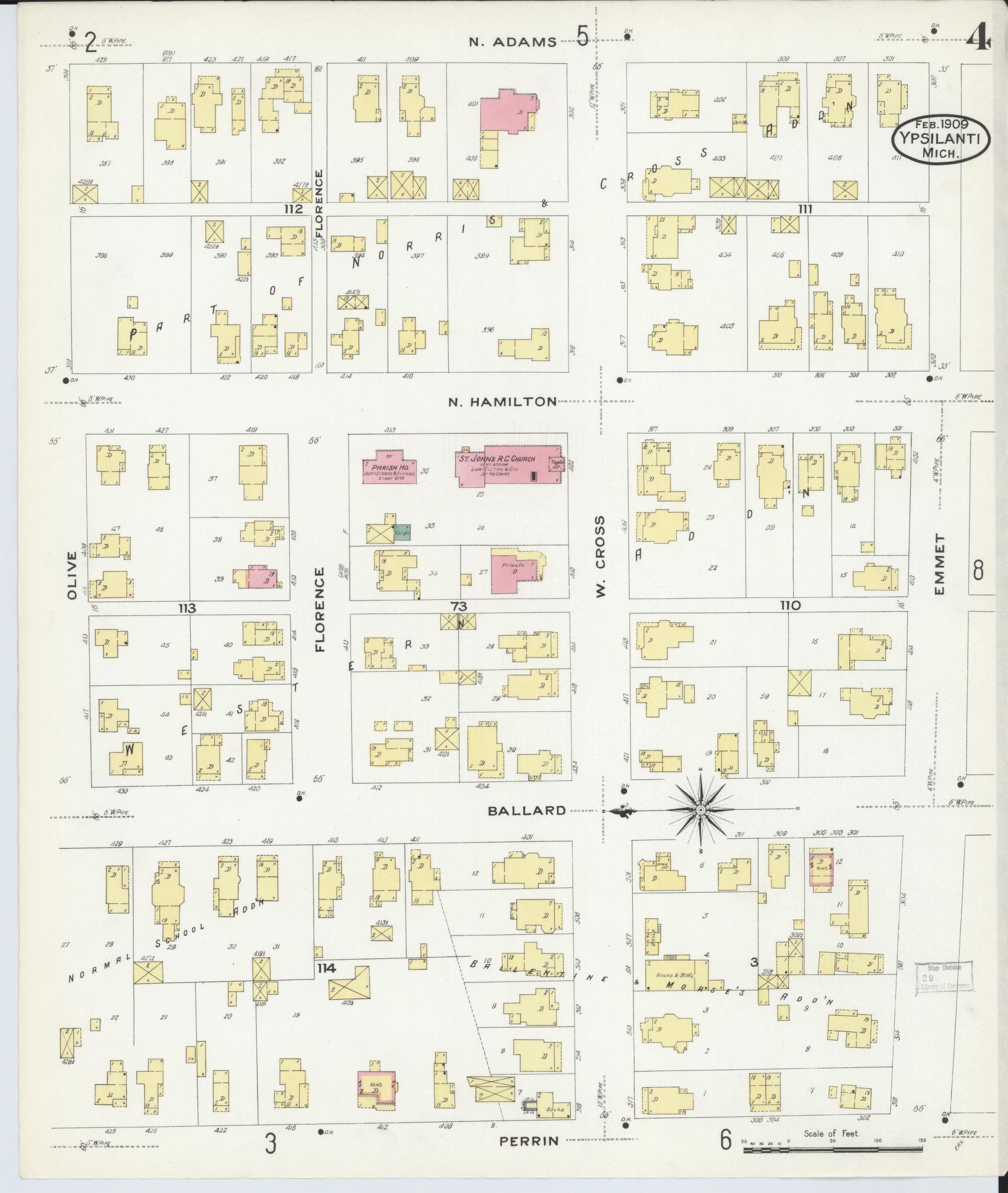 Sanborn Fire Insurance Map from Ypsilanti, Washtenaw County, Michigan (1909), Sheet #0004 - Historic Sanborn Fire Insurance Map Print, vintage old map wall art, antique decor, genealogy gift, Michigan Michigan map