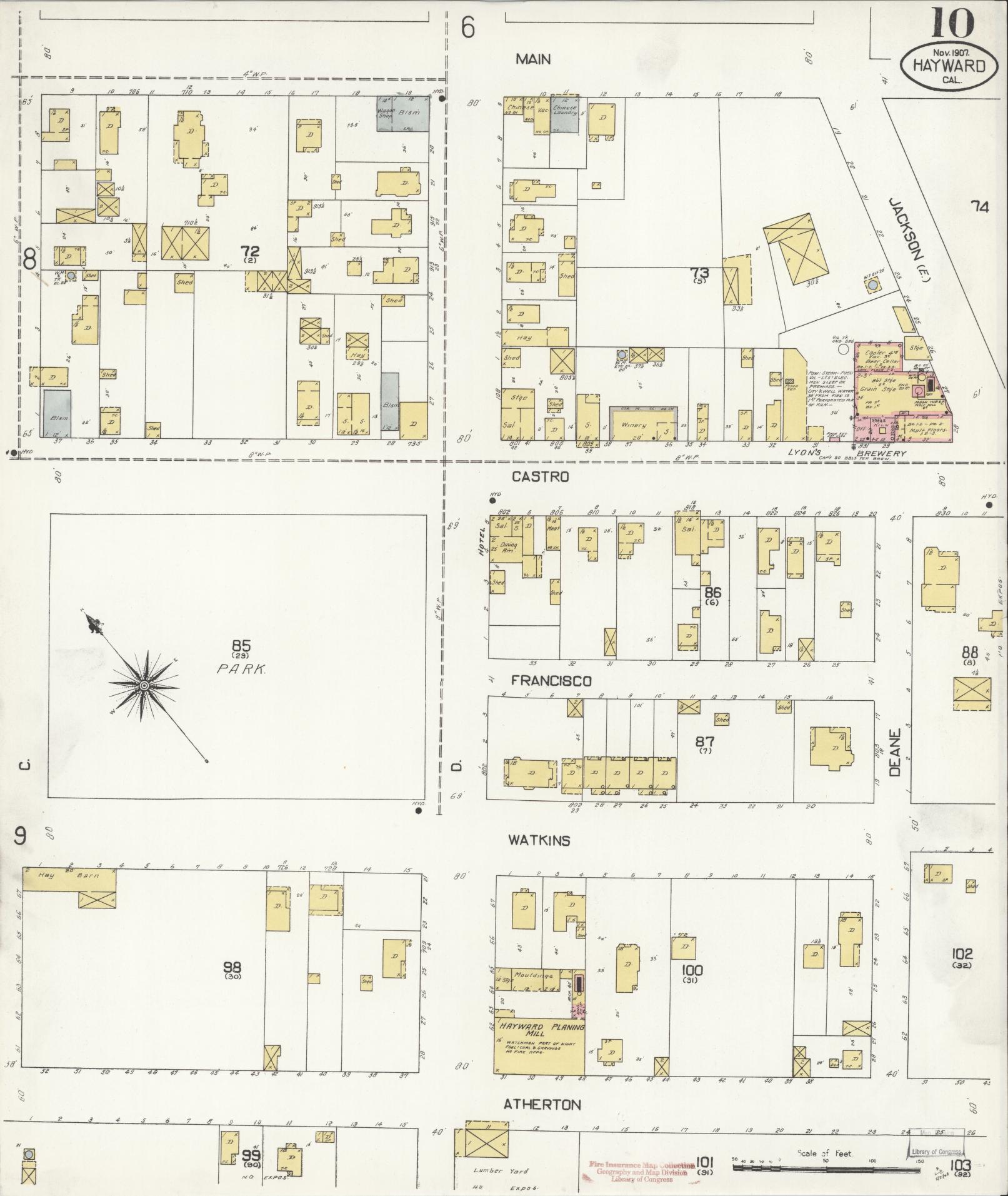 Sanborn Fire Insurance Map from Hayward, Alameda County, California (1907), Sheet #0010 - Historic Sanborn Fire Insurance Map Print, vintage old map wall art, antique decor, genealogy gift, California California map