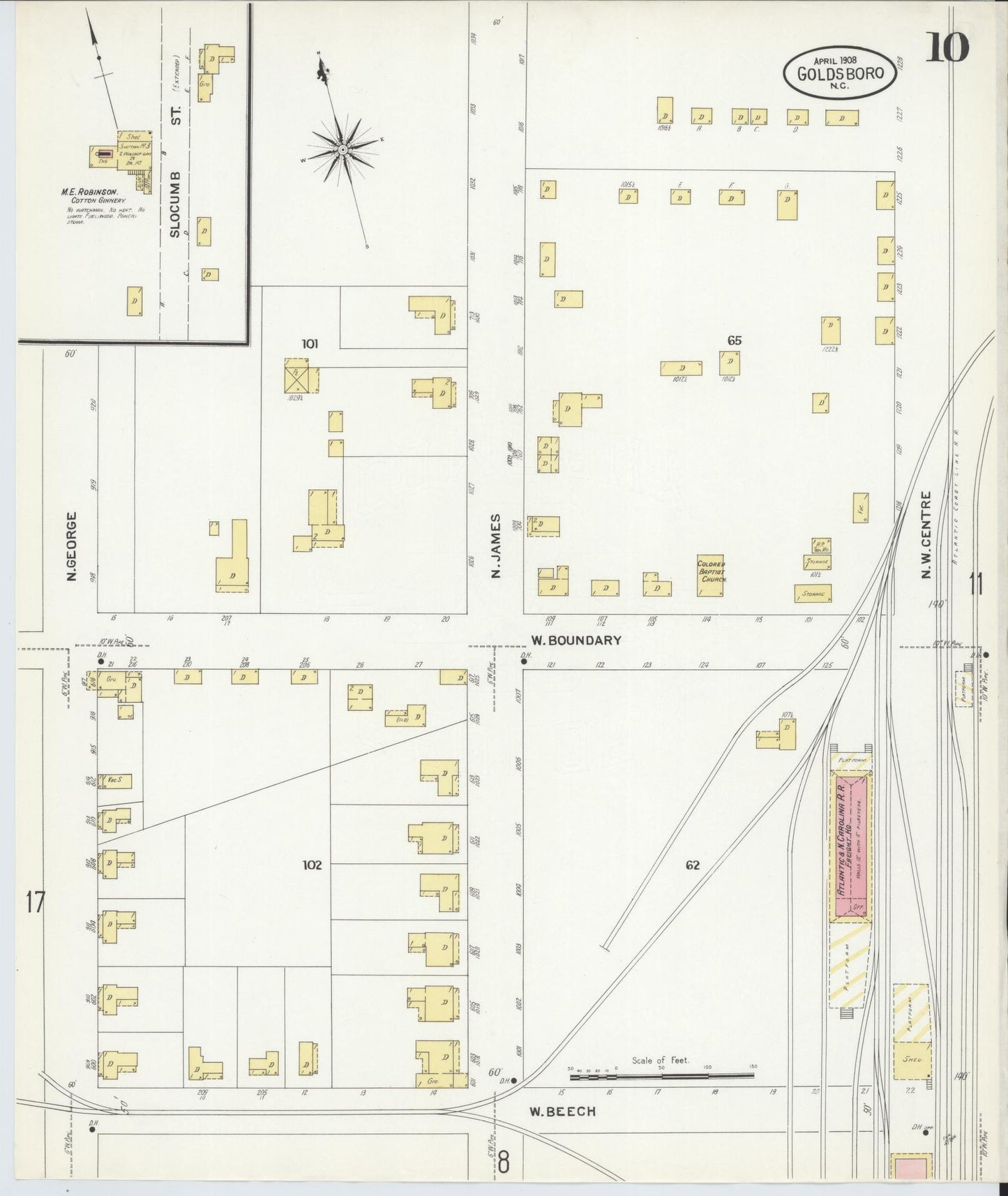 Sanborn Fire Insurance Map from Goldsboro, Wayne County, North Carolina (1908), Sheet #0010 - Complete Map Set gallery image, historic Sanborn map, vintage wall art, North Carolina North Carolina