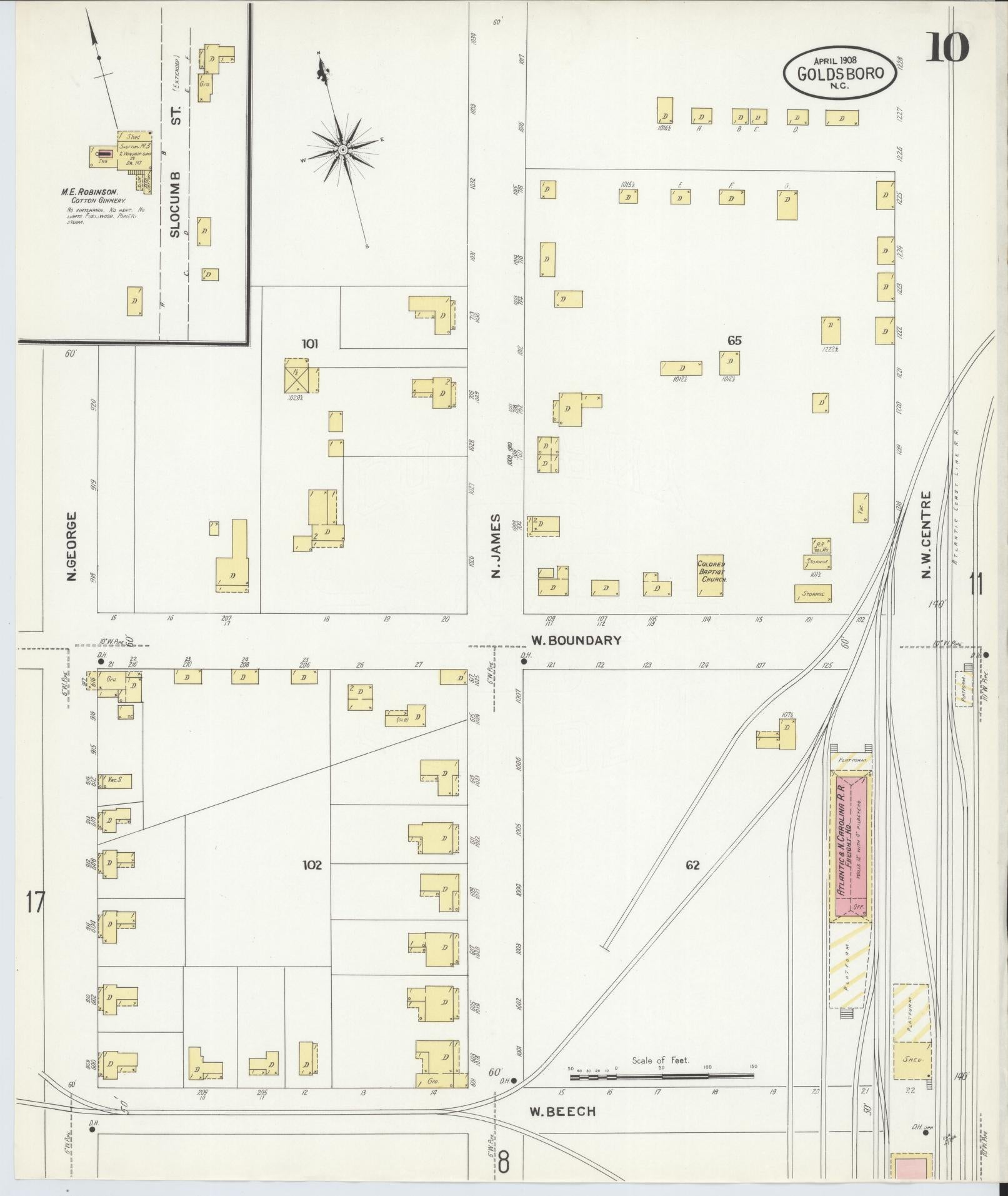 Sanborn Fire Insurance Map from Goldsboro, Wayne County, North Carolina (1908), Sheet #0010 - Complete Map Set gallery image, historic Sanborn map, vintage wall art, North Carolina North Carolina