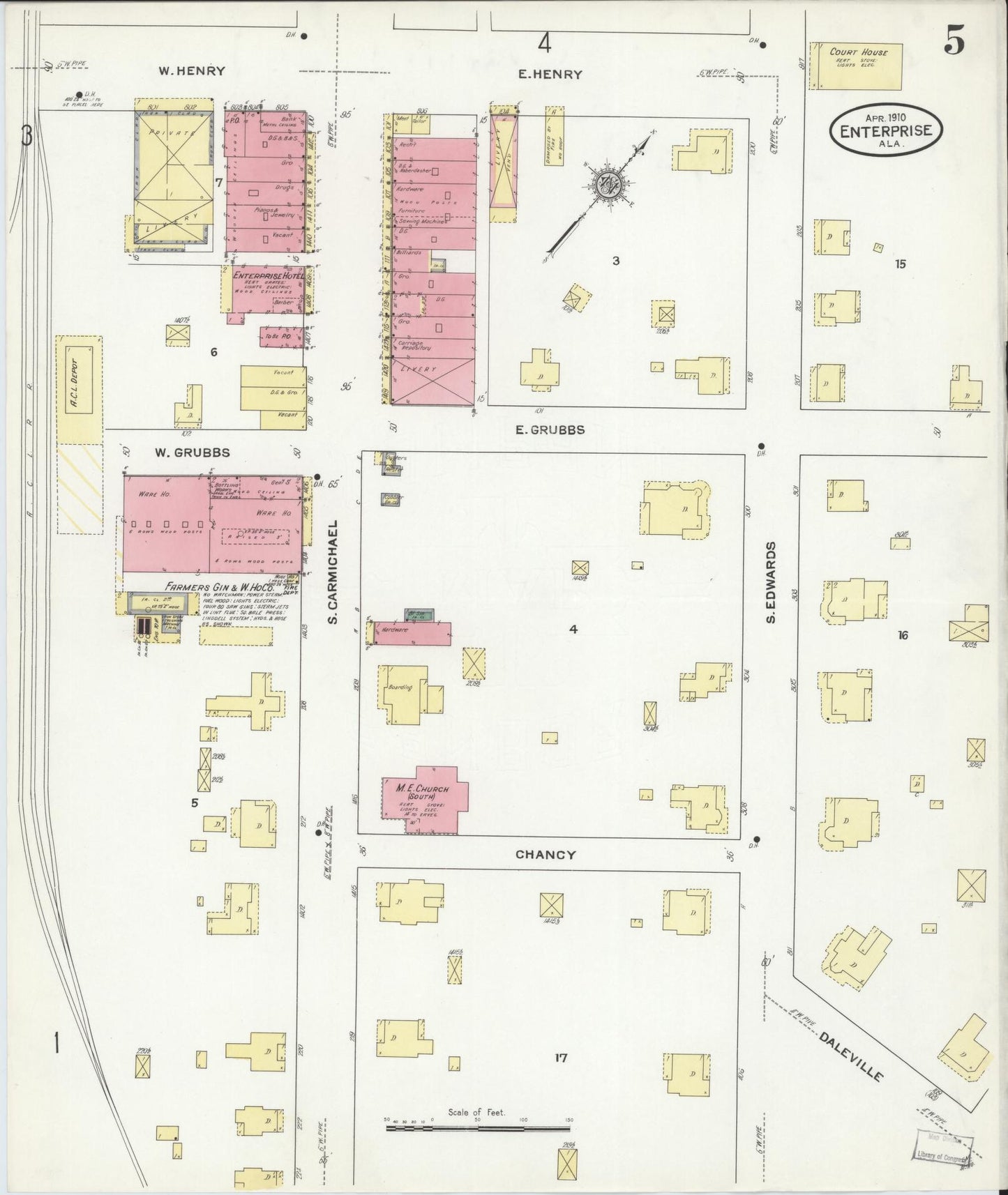 Sanborn Fire Insurance Map from Enterprise, Coffee County, Alabama (1910), Sheet #0005 - Complete Map Set gallery image, historic Sanborn map, vintage wall art, Alabama Alabama