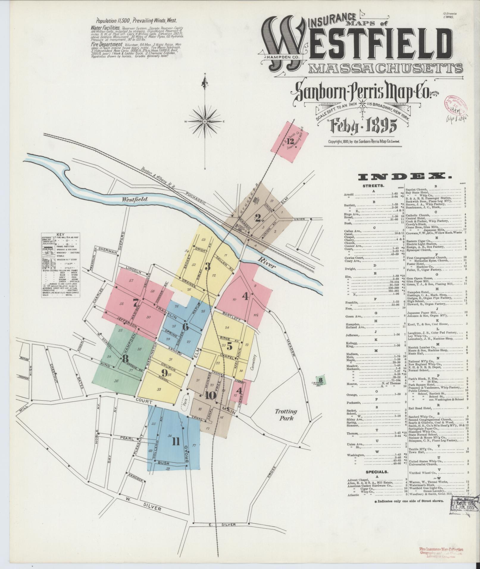 Sanborn Fire Insurance Map from Westfield, Hampden County, Massachusetts (1895), Sheet #0001 - Complete Map Set gallery image, historic Sanborn map, vintage wall art, Massachusetts Massachusetts