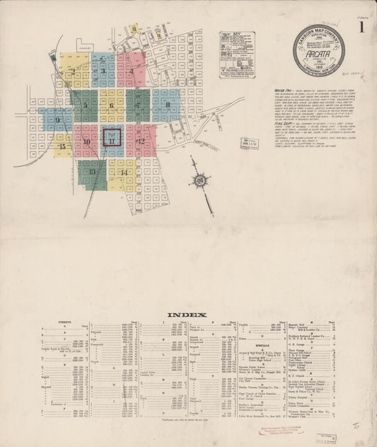 Sanborn Fire Insurance Map from Arcata, Humboldt County, California (1919), Sheet #0001 - Historic Sanborn Fire Insurance Map Print, vintage old map wall art, antique decor, genealogy gift, California California map