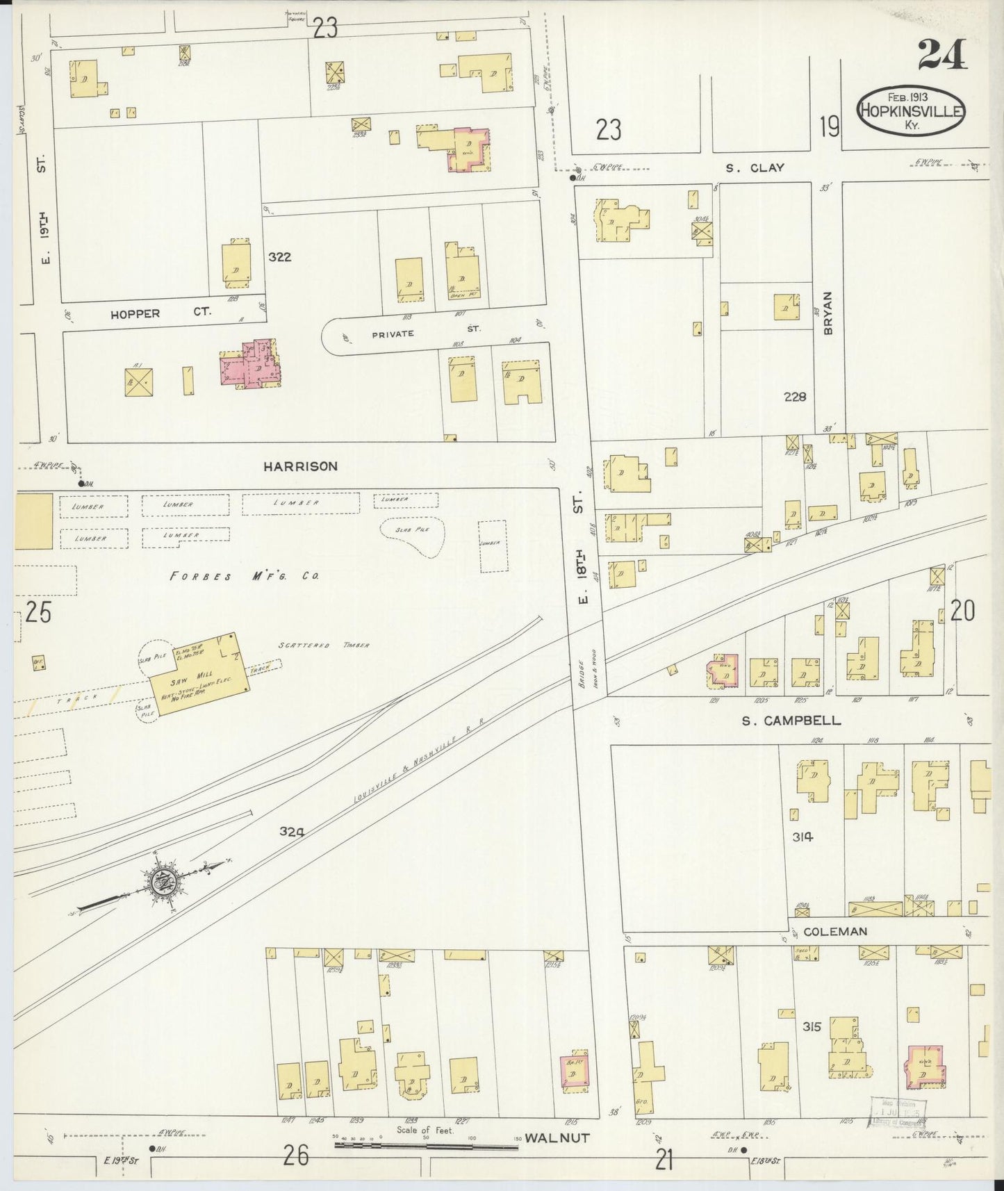 Sanborn Fire Insurance Map from Hopkinsville, Christian County, Kentucky (1913), Sheet #0024 - Historic Sanborn Fire Insurance Map Print, vintage old map wall art, antique decor, genealogy gift, Kentucky Kentucky map