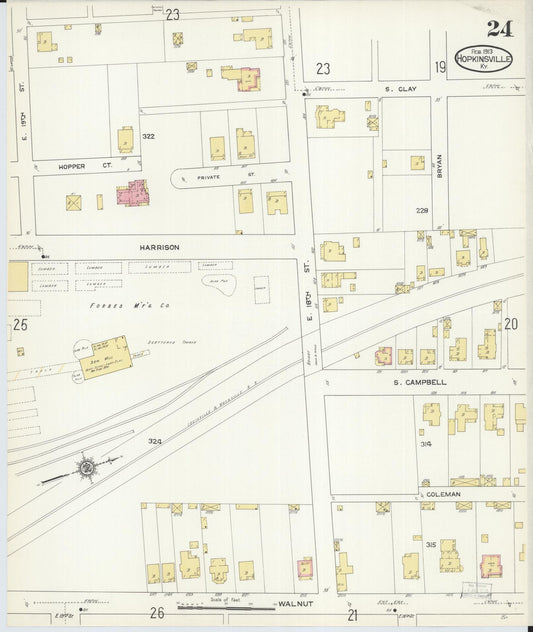 Sanborn Fire Insurance Map from Hopkinsville, Christian County, Kentucky (1913), Sheet #0024 - Historic Sanborn Fire Insurance Map Print, vintage old map wall art, antique decor, genealogy gift, Kentucky Kentucky map