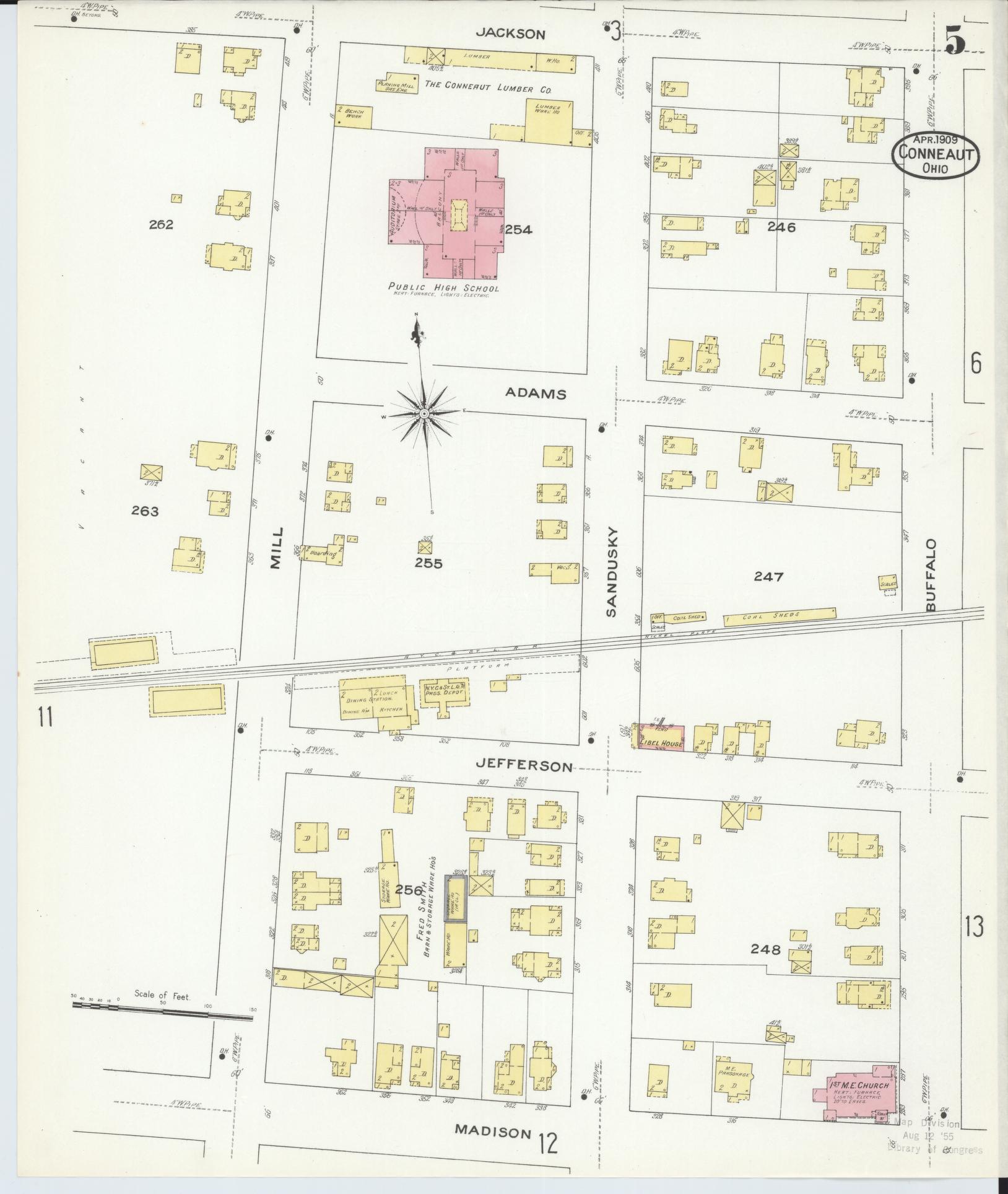 Sanborn Fire Insurance Map from Conneaut, Ashtabula County, Ohio (1909), Sheet #0005 - Historic Sanborn Fire Insurance Map Print, vintage old map wall art, antique decor, genealogy gift, Ohio Ohio map