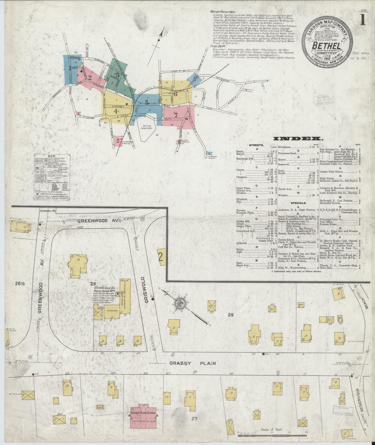 Sanborn Fire Insurance Map from Bethel, Fairfield County, Connecticut (1912), Sheet #0001 - Historic Sanborn Fire Insurance Map Print, vintage old map wall art, antique decor, genealogy gift, Connecticut Connecticut map