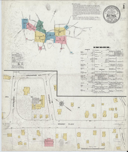 Sanborn Fire Insurance Map from Bethel, Fairfield County, Connecticut (1912), Sheet #0001 - Historic Sanborn Fire Insurance Map Print, vintage old map wall art, antique decor, genealogy gift, Connecticut Connecticut map
