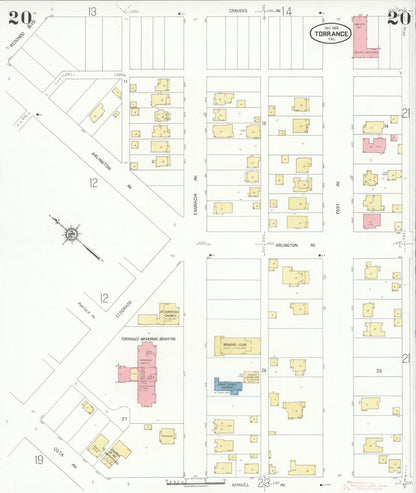Sanborn Fire Insurance Map from Torrance, Los Angeles County, California (1929), Sheet #0020 - Complete Map Set gallery image, historic Sanborn map, vintage wall art, California California
