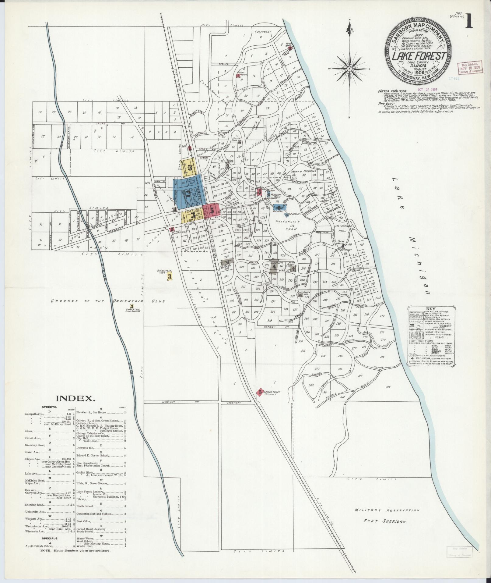 Sanborn Fire Insurance Map from Lake Forest, Lake County, Illinois (1909), Sheet #0001 - Complete Map Set gallery image, historic Sanborn map, vintage wall art, Illinois Illinois