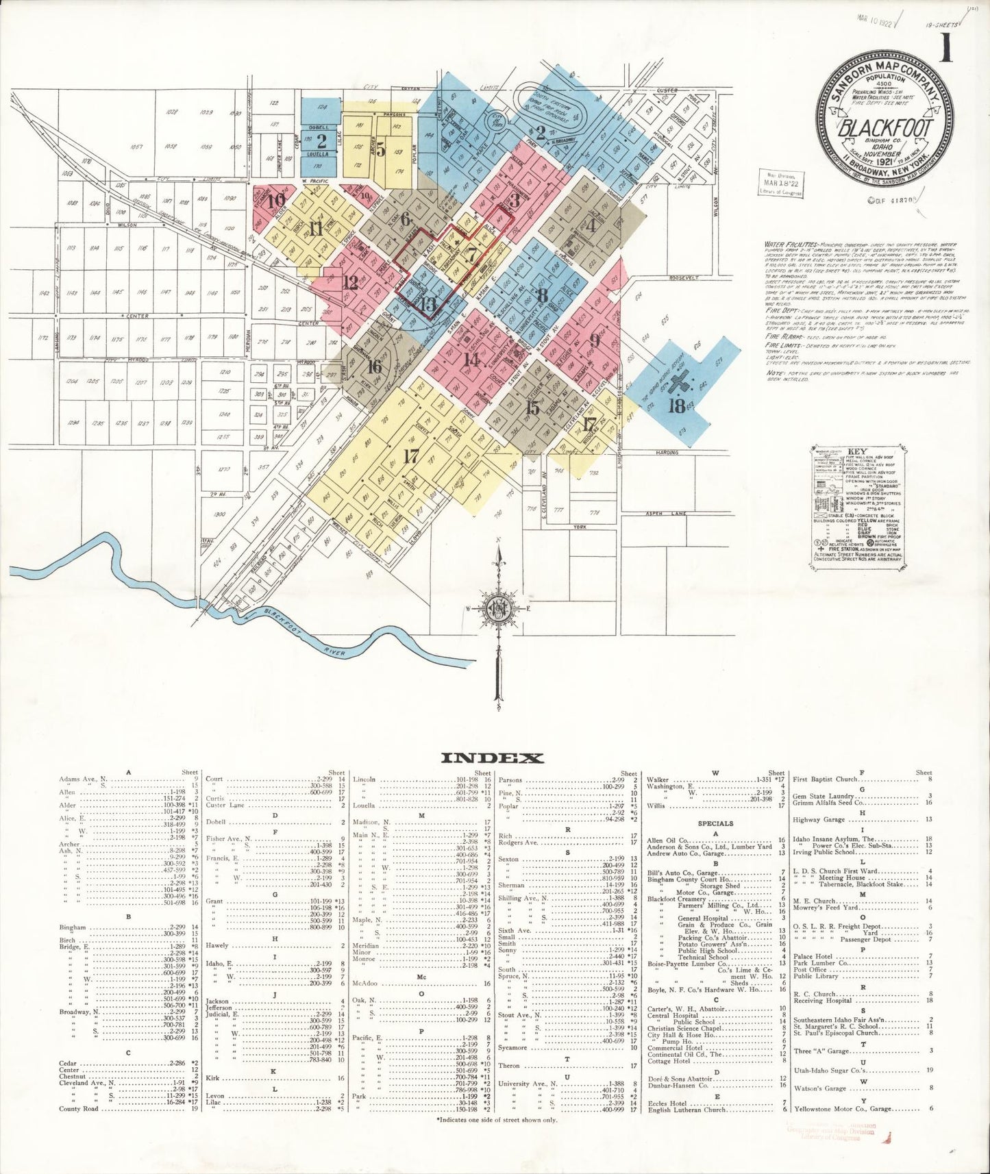 Sanborn Fire Insurance Map from Blackfoot, Bingham County, Idaho (1921), Sheet #0001 - Complete Map Set gallery image, historic Sanborn map, vintage wall art, Idaho Idaho