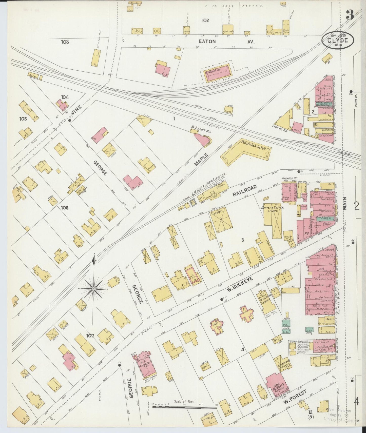 Sanborn Fire Insurance Map from Clyde, Sandusky County, Ohio (1899), Sheet #0003 - Historic Sanborn Fire Insurance Map Print, vintage old map wall art, antique decor, genealogy gift, Ohio Ohio map