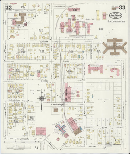 Sanborn Fire Insurance Map from Ann Arbor, Washtenaw County, Michigan (1925), Sheet #0033 - Historic Sanborn Fire Insurance Map Print, vintage old map wall art, antique decor, genealogy gift, Michigan Michigan map