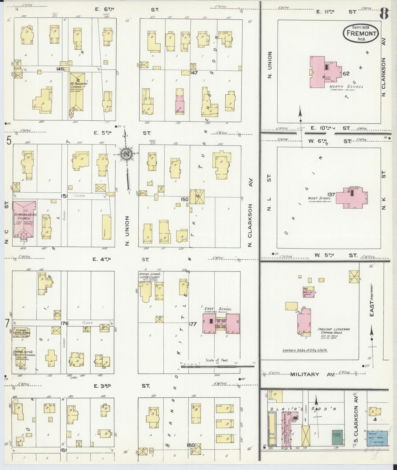 Sanborn Fire Insurance Map from Fremont, Dodge County, Nebraska (1909), Sheet #0008 - Complete Map Set gallery image, historic Sanborn map, vintage wall art, Nebraska Nebraska