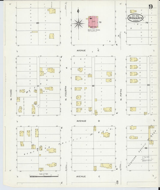 Sanborn Fire Insurance Map from Bismarck, Burleigh County, North Dakota (1906), Sheet #0009 - Historic Sanborn Fire Insurance Map Print, vintage old map wall art, antique decor, genealogy gift, North Dakota North Dakota map