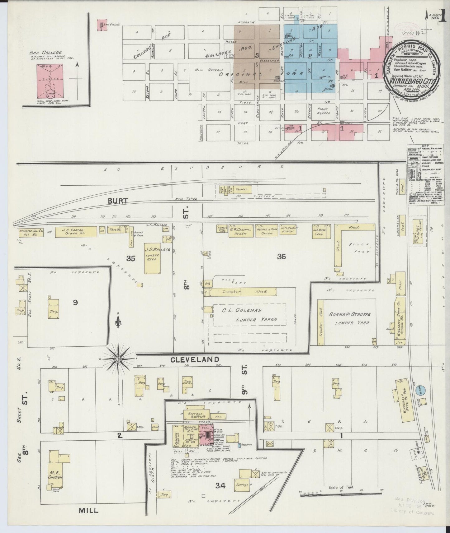 Sanborn Fire Insurance Map from Winnebago, Faribault County, Minnesota (1891), Sheet #0001 - Historic Sanborn Fire Insurance Map Print, vintage old map wall art, antique decor, genealogy gift, Minnesota Minnesota map