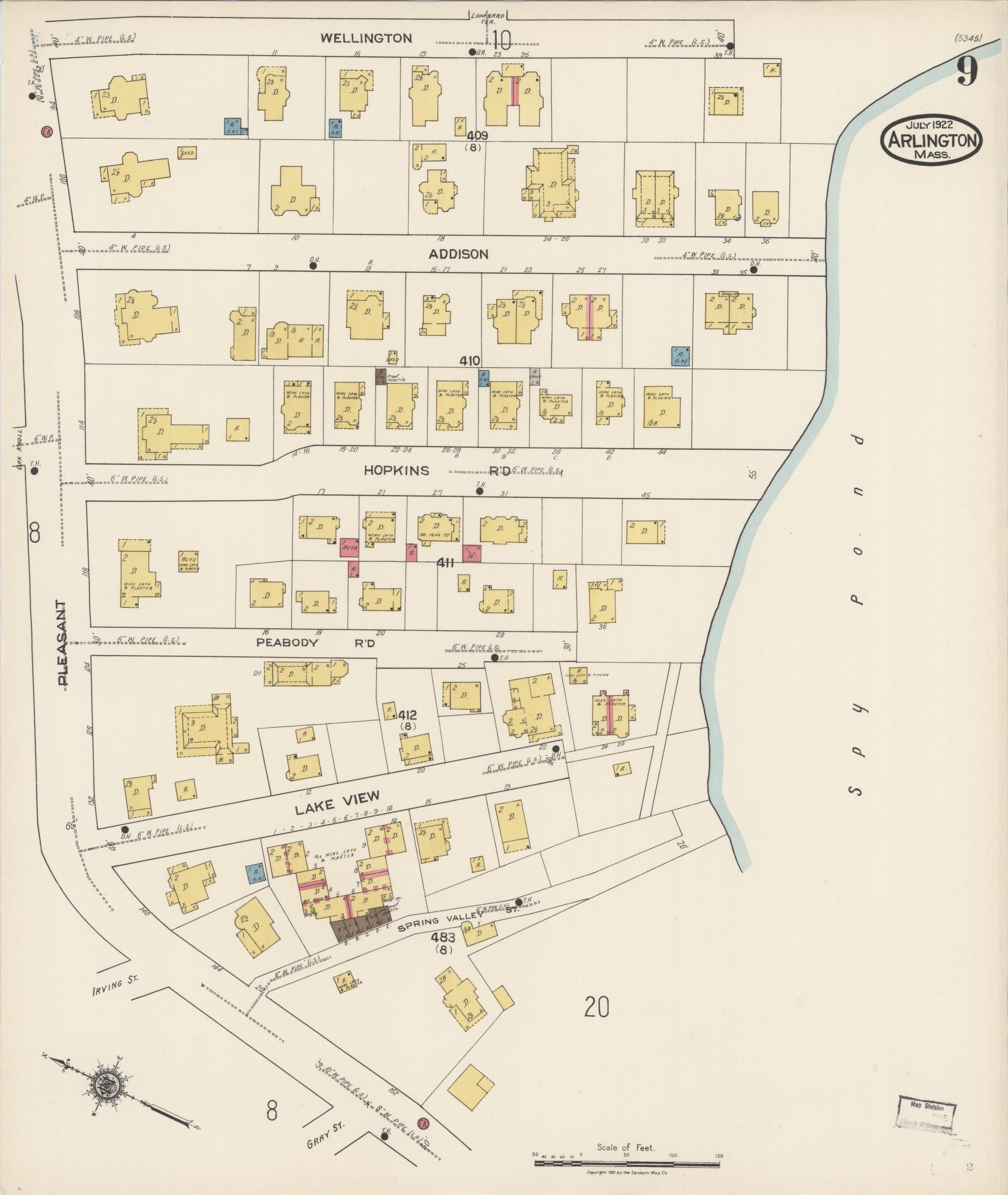 Sanborn Fire Insurance Map from Arlington, Middlesex County, Massachusetts (1922), Sheet #0009 - Complete Map Set gallery image, historic Sanborn map, vintage wall art, Massachusetts Massachusetts