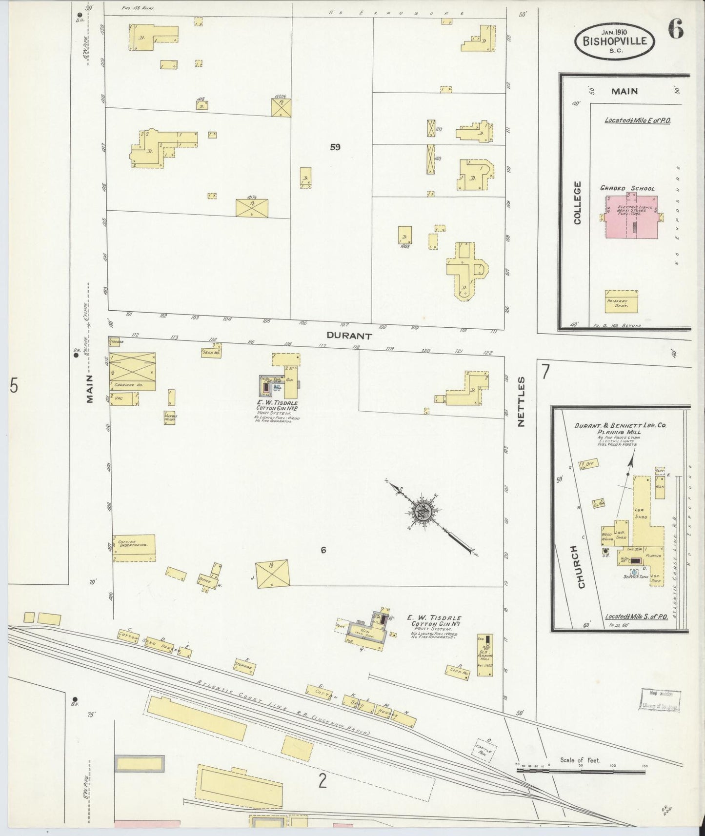 Sanborn Fire Insurance Map from Bishopville, Lee County, South Carolina (1910), Sheet #0006 - Complete Map Set gallery image, historic Sanborn map, vintage wall art, South Carolina South Carolina