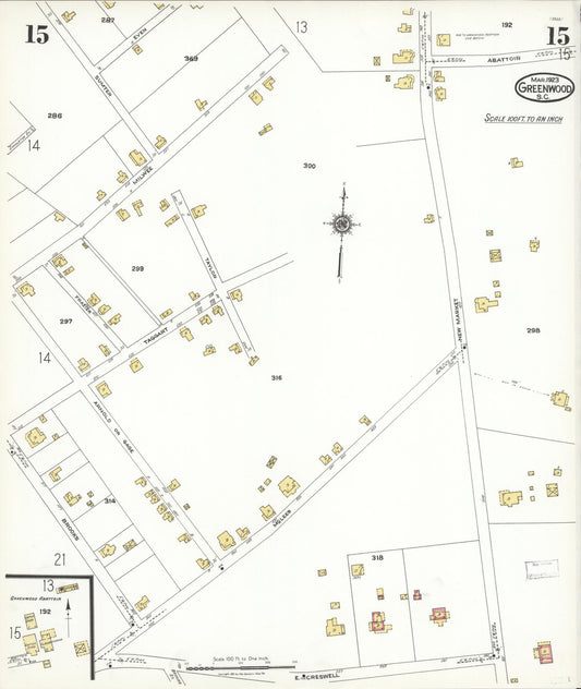 Sanborn Fire Insurance Map from Greenwood, Greenwood County, South Carolina (1923), Sheet #0015 - Historic Sanborn Fire Insurance Map Print, vintage old map wall art, antique decor, genealogy gift, South Carolina South Carolina map