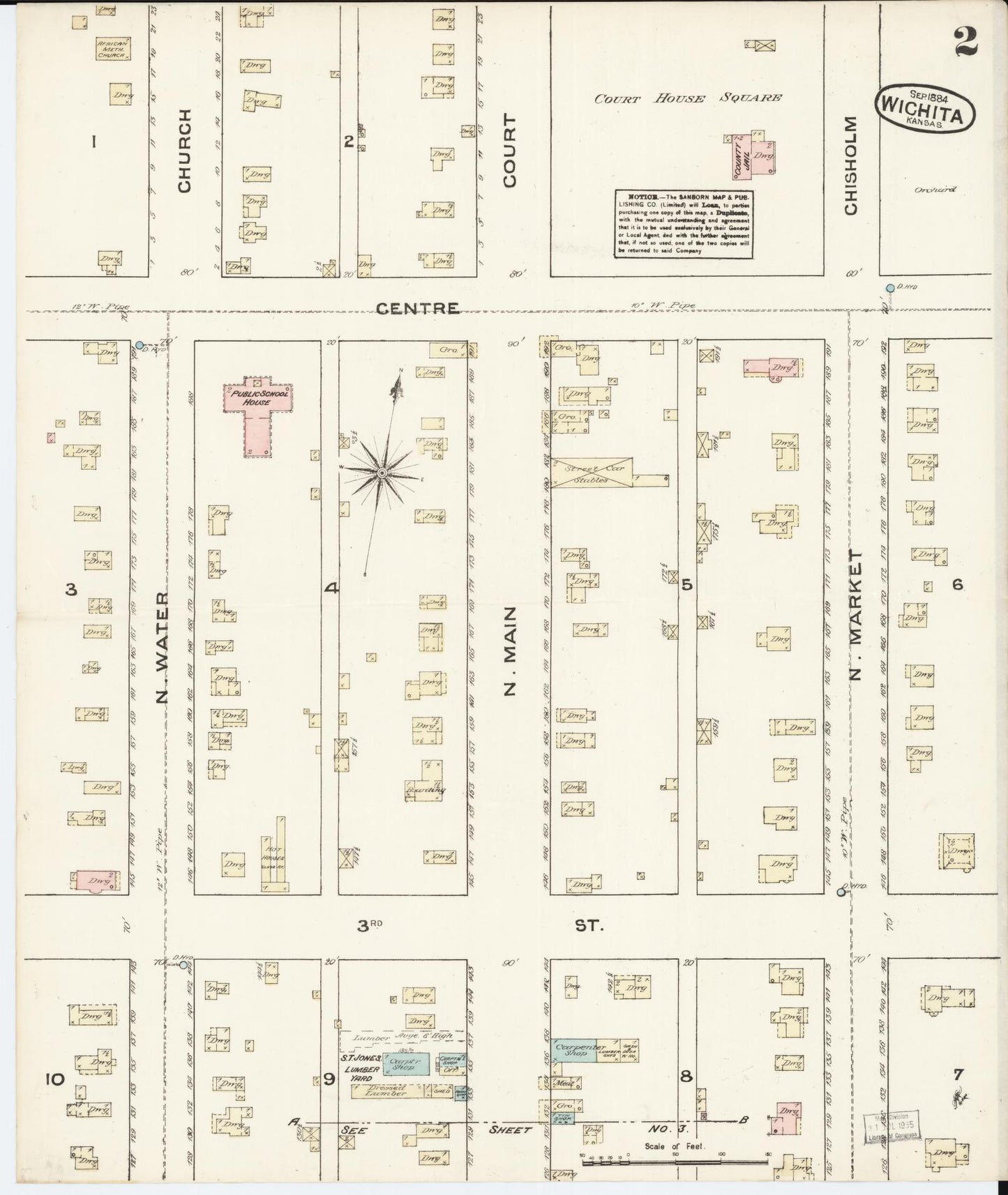 Sanborn Fire Insurance Map from Wichita, Sedgwick County, Kansas (1884), Sheet #0002 - Historic Sanborn Fire Insurance Map Print, vintage old map wall art, antique decor, genealogy gift, Kansas Kansas map