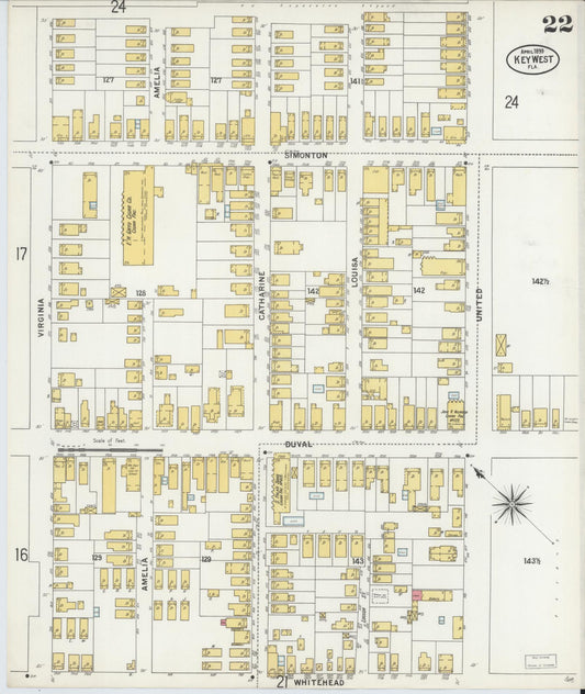 Sanborn Fire Insurance Map from Key West, Monroe County, Florida (1899), Sheet #0022 - Historic Sanborn Fire Insurance Map Print, vintage old map wall art, antique decor, genealogy gift, Florida Florida map
