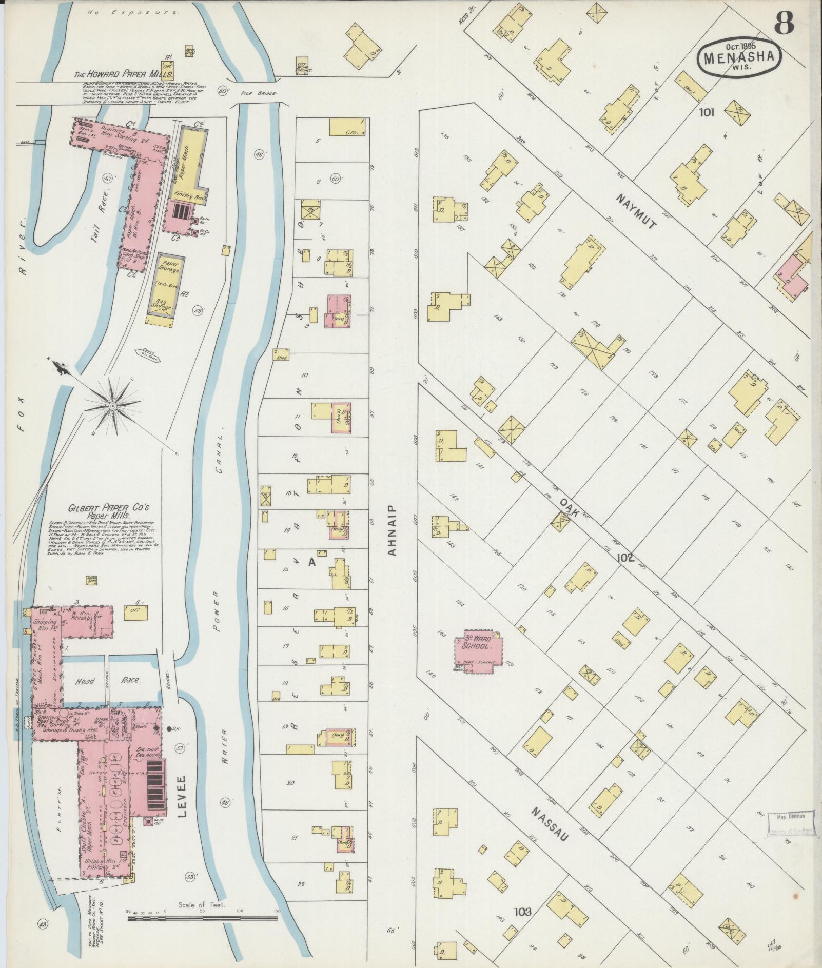 Sanborn Fire Insurance Map from Menasha, Winnebago County, Wisconsin (1895), Sheet #0008 - Historic Sanborn Fire Insurance Map Print, vintage old map wall art, antique decor, genealogy gift, Wisconsin Wisconsin map