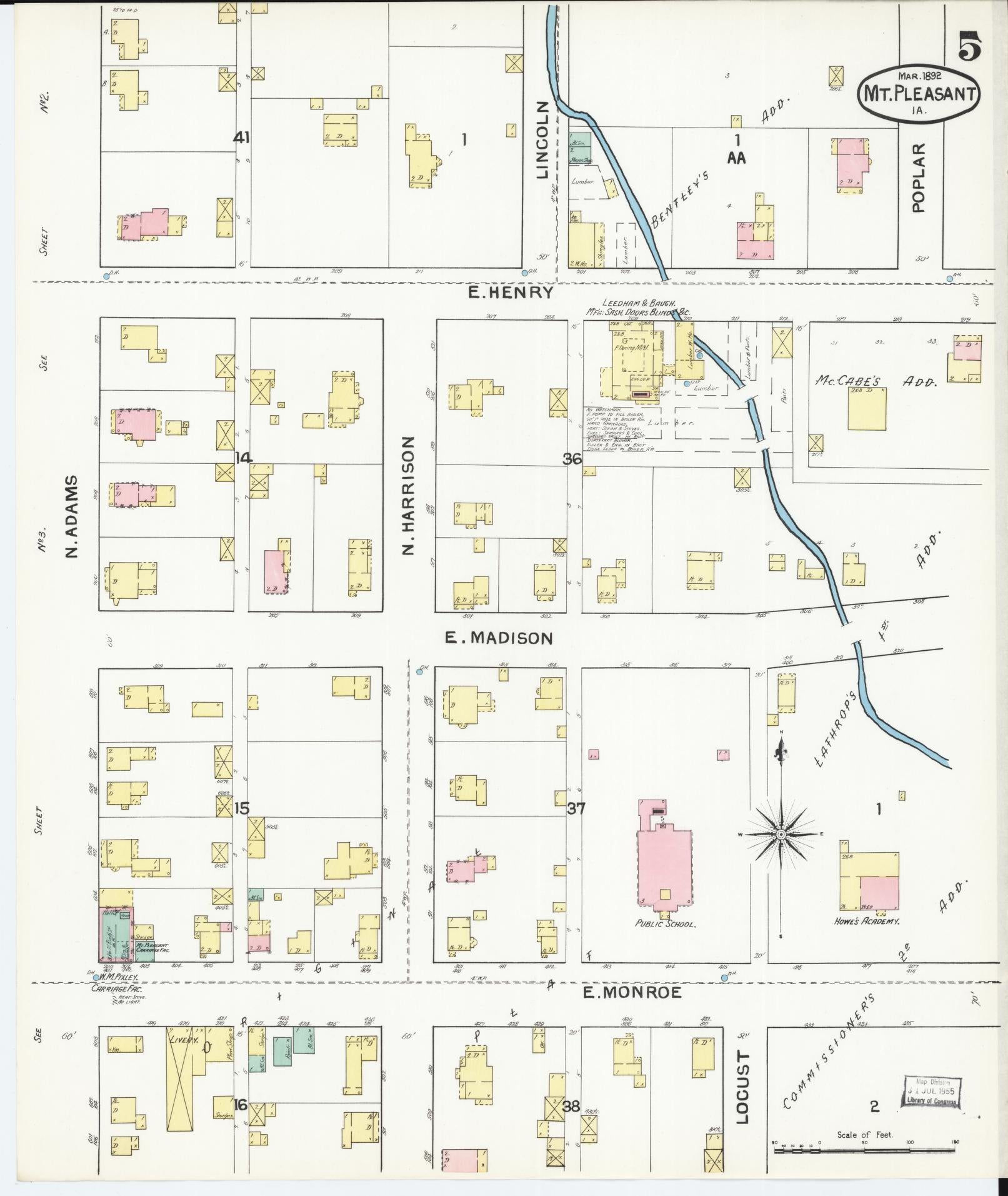 Sanborn Fire Insurance Map from Mount Pleasant, Henry County, Iowa (1892), Sheet #0005 - Historic Sanborn Fire Insurance Map Print, vintage old map wall art