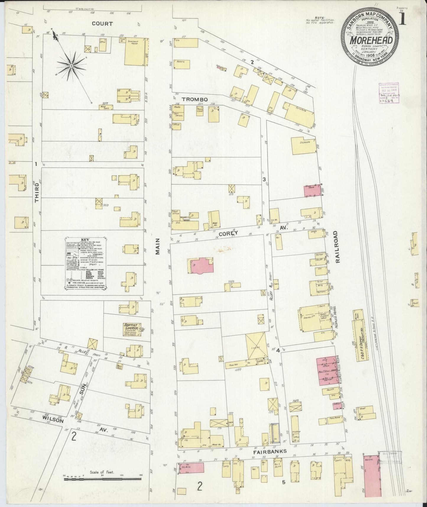Sanborn Fire Insurance Map from Morehead, Rowan County, Kentucky (1908), Sheet #0001 - Complete Map Set gallery image, historic Sanborn map, vintage wall art, Kentucky Kentucky
