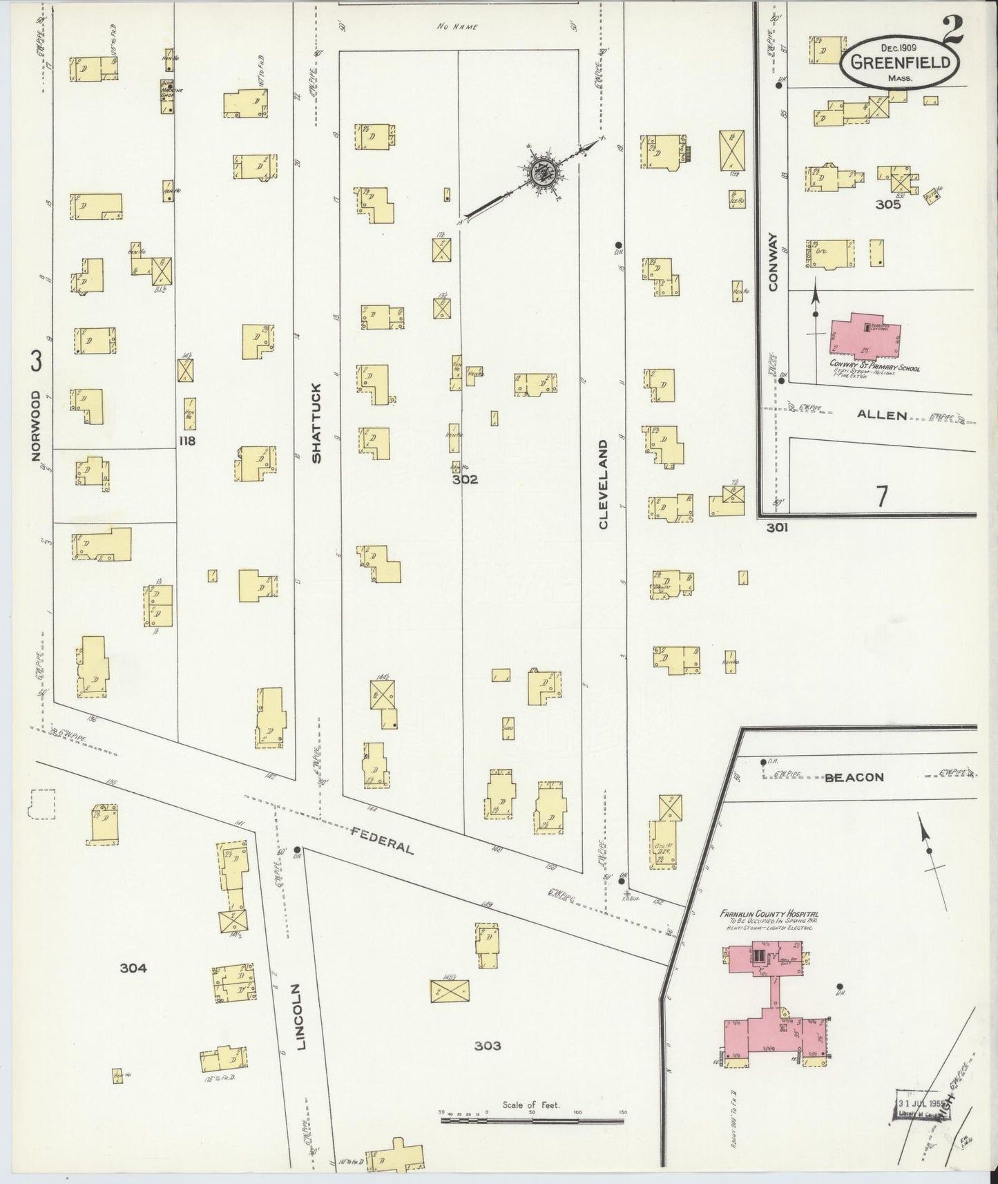 Sanborn Fire Insurance Map from Greenfield, Franklin County, Massachusetts (1909), Sheet #0002 - Complete Map Set gallery image, historic Sanborn map, vintage wall art, Massachusetts Massachusetts