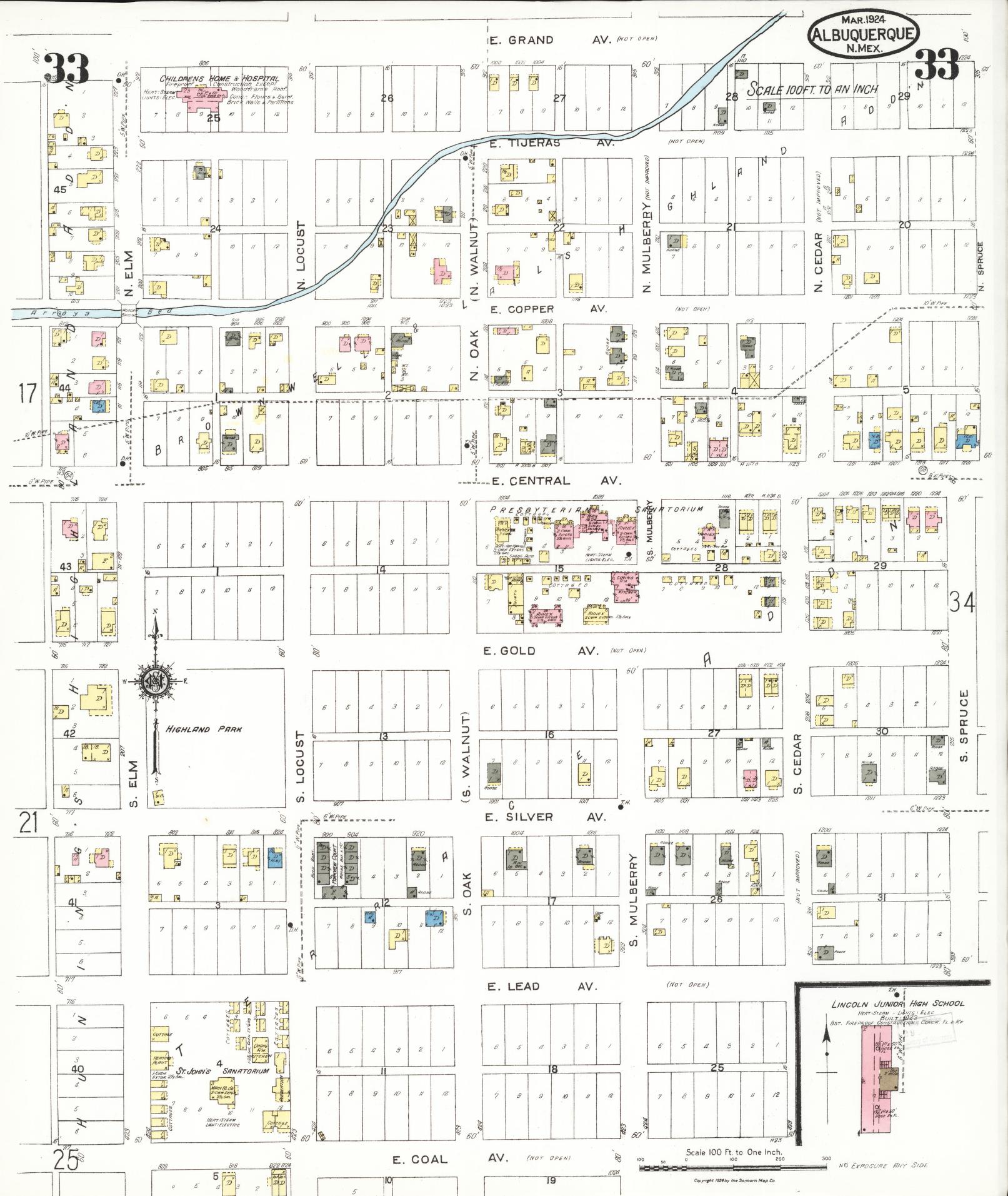 Sanborn Fire Insurance Map from Albuquerque, Bernalillo County, New Mexico (1924), Sheet #0033 - Historic Sanborn Fire Insurance Map Print, vintage old map wall art, antique decor, genealogy gift, New Mexico New Mexico map