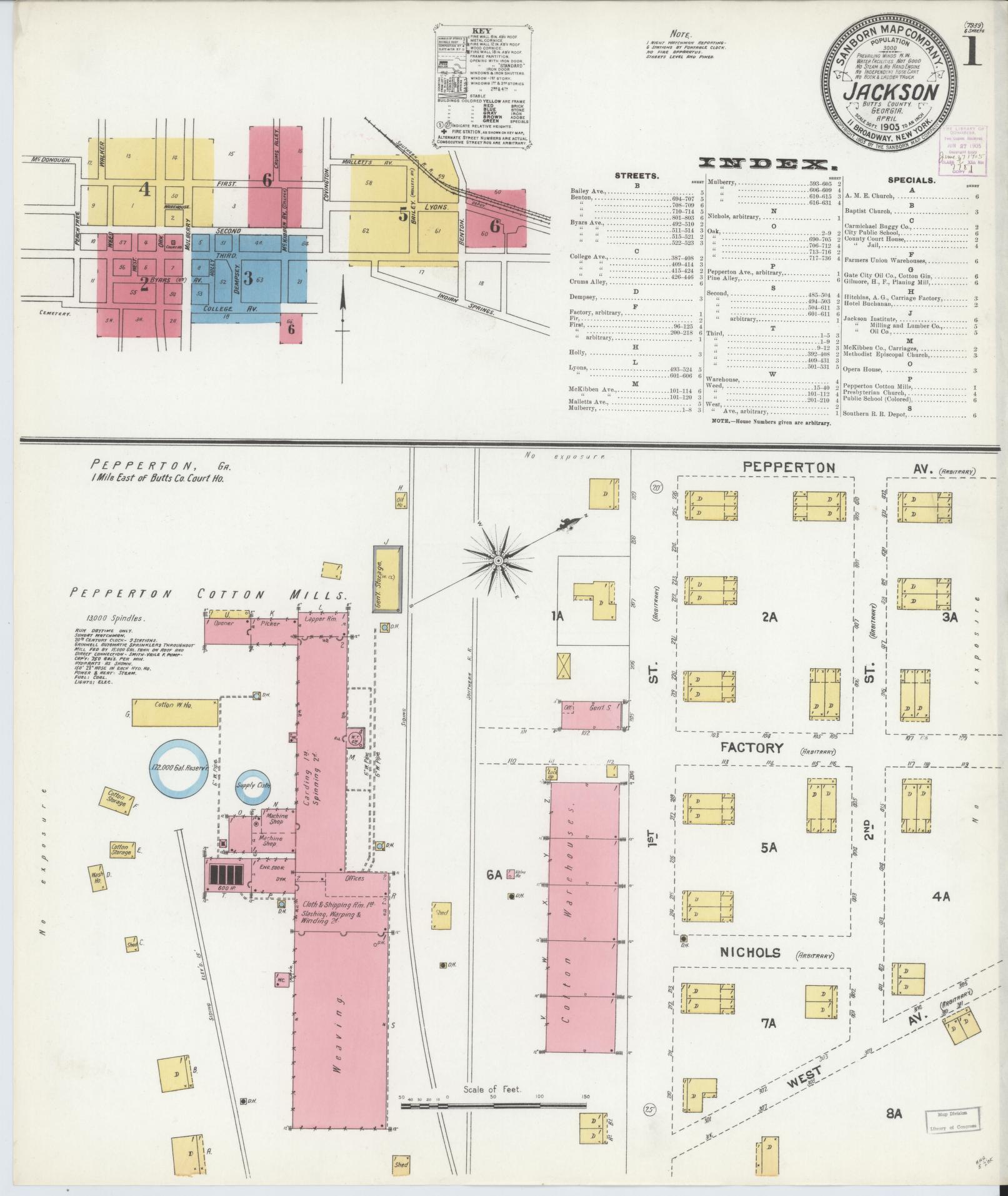 Sanborn Fire Insurance Map from Jackson, Butts County, Georgia (1905), Sheet #0001 - Historic Sanborn Fire Insurance Map Print, vintage old map wall art, antique decor, genealogy gift, Georgia Georgia map