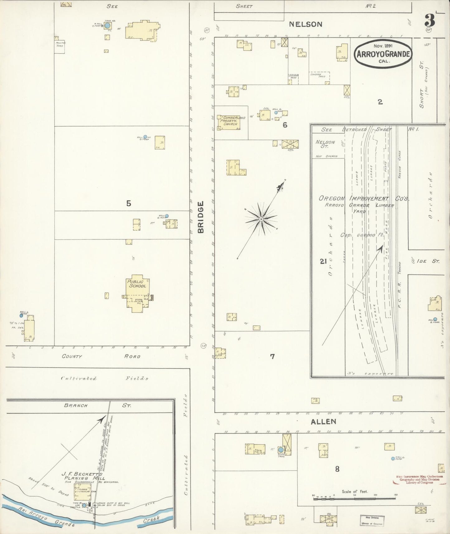 Sanborn Fire Insurance Map from Arroyo Grande, San Luis Obispo County, California (1891), Sheet #0003 - Historic Sanborn Fire Insurance Map Print, vintage old map wall art, antique decor, genealogy gift, California California map