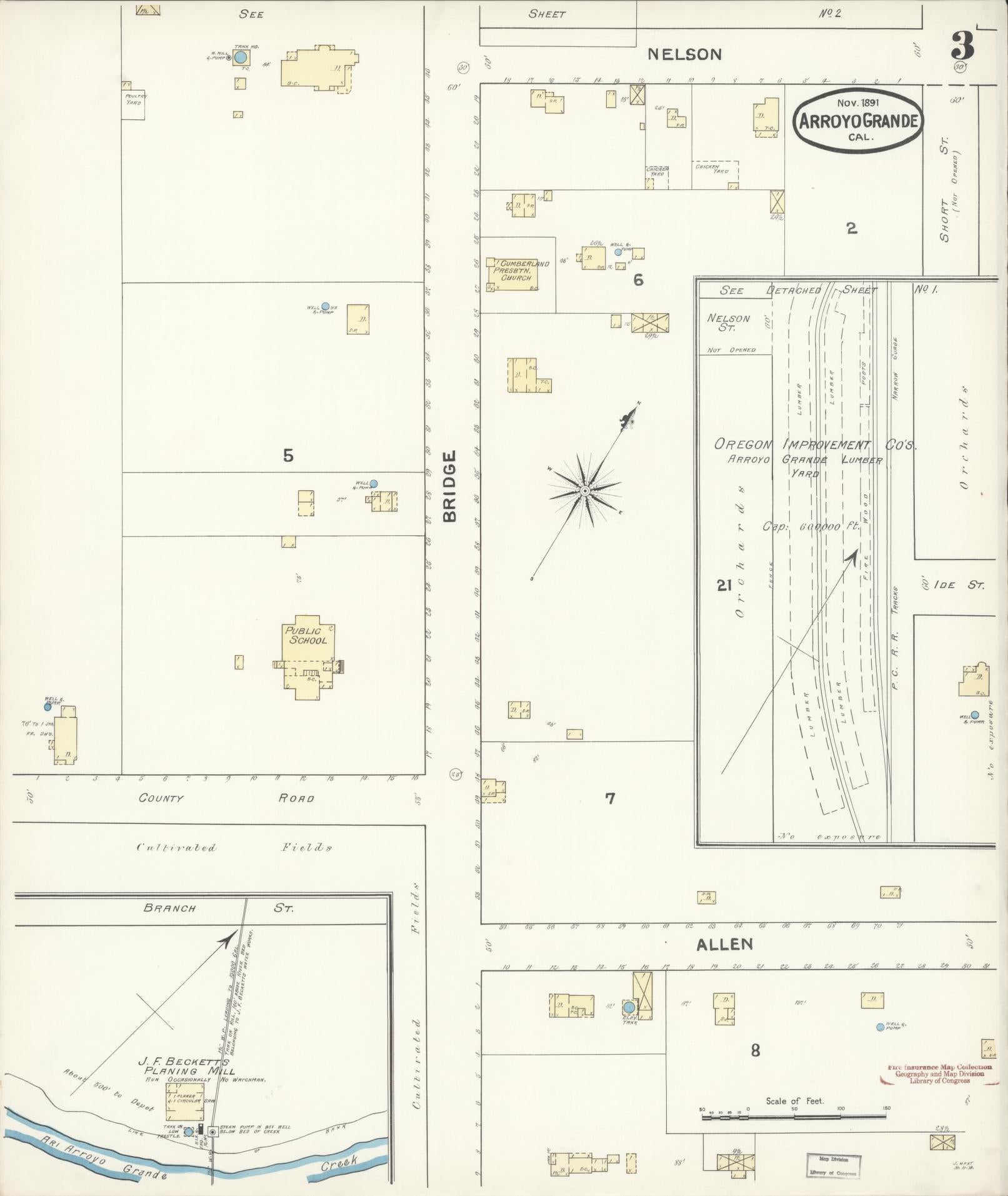 Sanborn Fire Insurance Map from Arroyo Grande, San Luis Obispo County, California (1891), Sheet #0003 - Historic Sanborn Fire Insurance Map Print, vintage old map wall art, antique decor, genealogy gift, California California map
