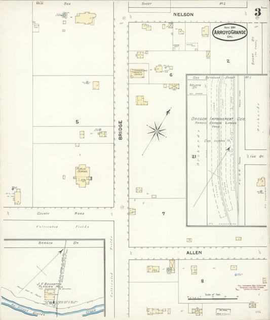 Sanborn Fire Insurance Map from Arroyo Grande, San Luis Obispo County, California (1891), Sheet #0003 - Historic Sanborn Fire Insurance Map Print, vintage old map wall art, antique decor, genealogy gift, California California map