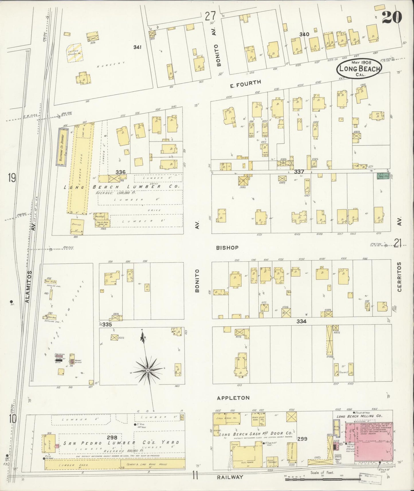Sanborn Fire Insurance Map from Long Beach, Los Angeles County, California (1908), Sheet #0020 - Historic Sanborn Fire Insurance Map Print, vintage old map wall art, antique decor, genealogy gift, California California map