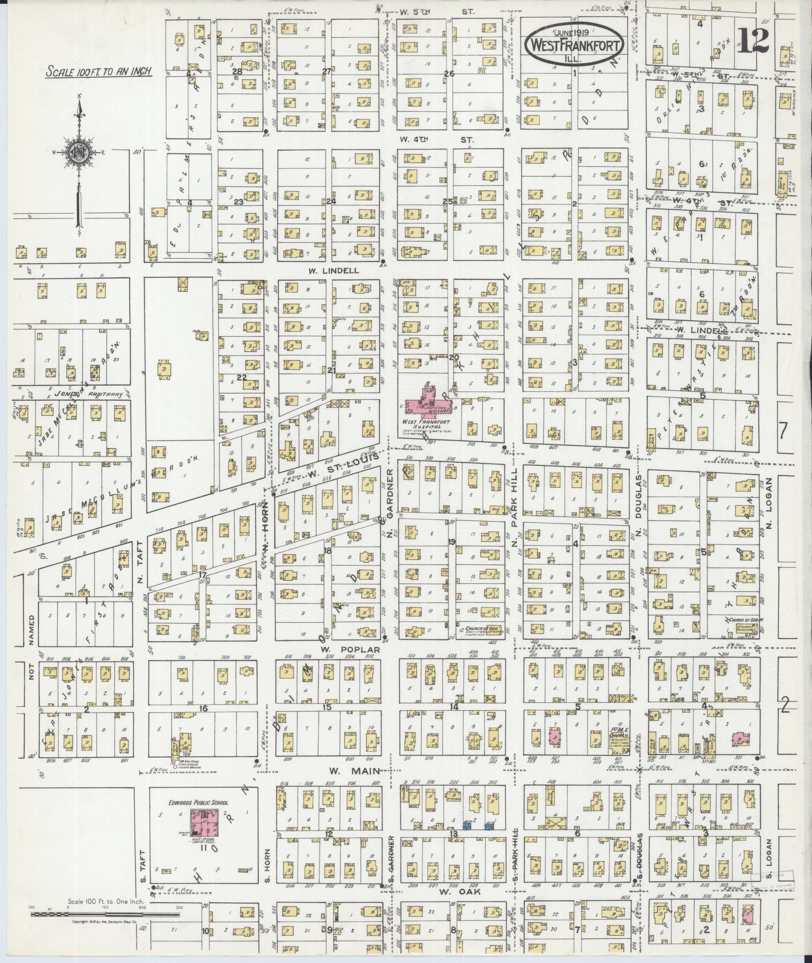 Sanborn Fire Insurance Map from West Frankfort, Franklin County, Illinois (1919), Sheet #0012 - Historic Sanborn Fire Insurance Map Print, vintage old map wall art, antique decor, genealogy gift, Illinois Illinois map
