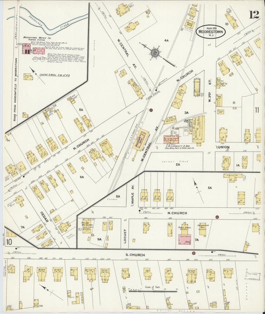 Sanborn Fire Insurance Map from Moorestown, Burlington County, New Jersey (1911), Sheet #0012 - Historic Sanborn Fire Insurance Map Print, vintage old map wall art, antique decor, genealogy gift, New Jersey New Jersey map