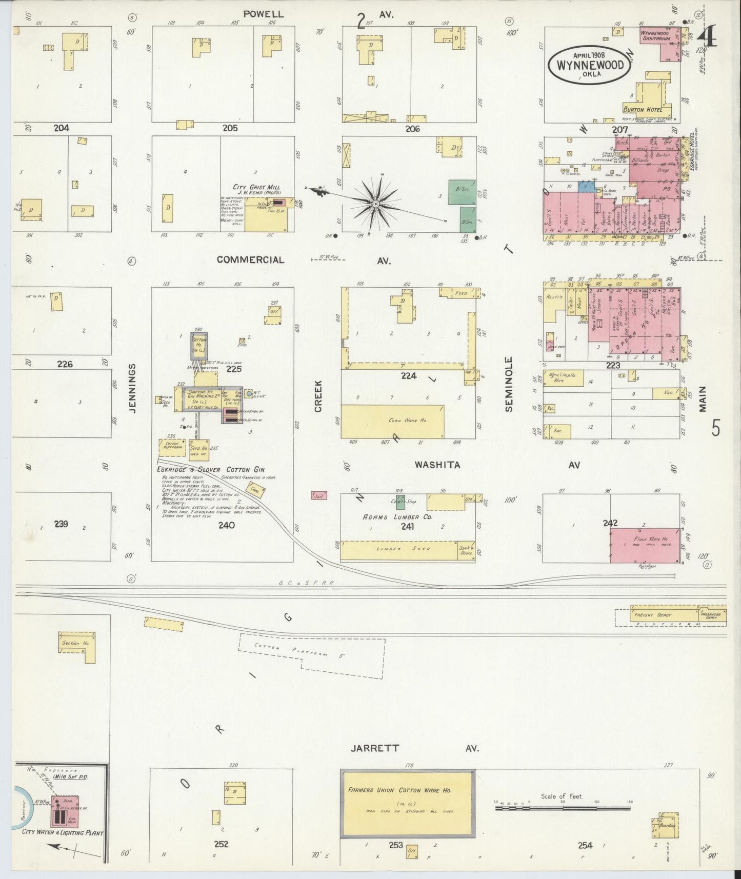 Sanborn Fire Insurance Map from Wynnewood, Garvin County, Oklahoma (1908), Sheet #0004 - Historic Sanborn Fire Insurance Map Print, vintage old map wall art, antique decor, genealogy gift, Oklahoma Oklahoma map