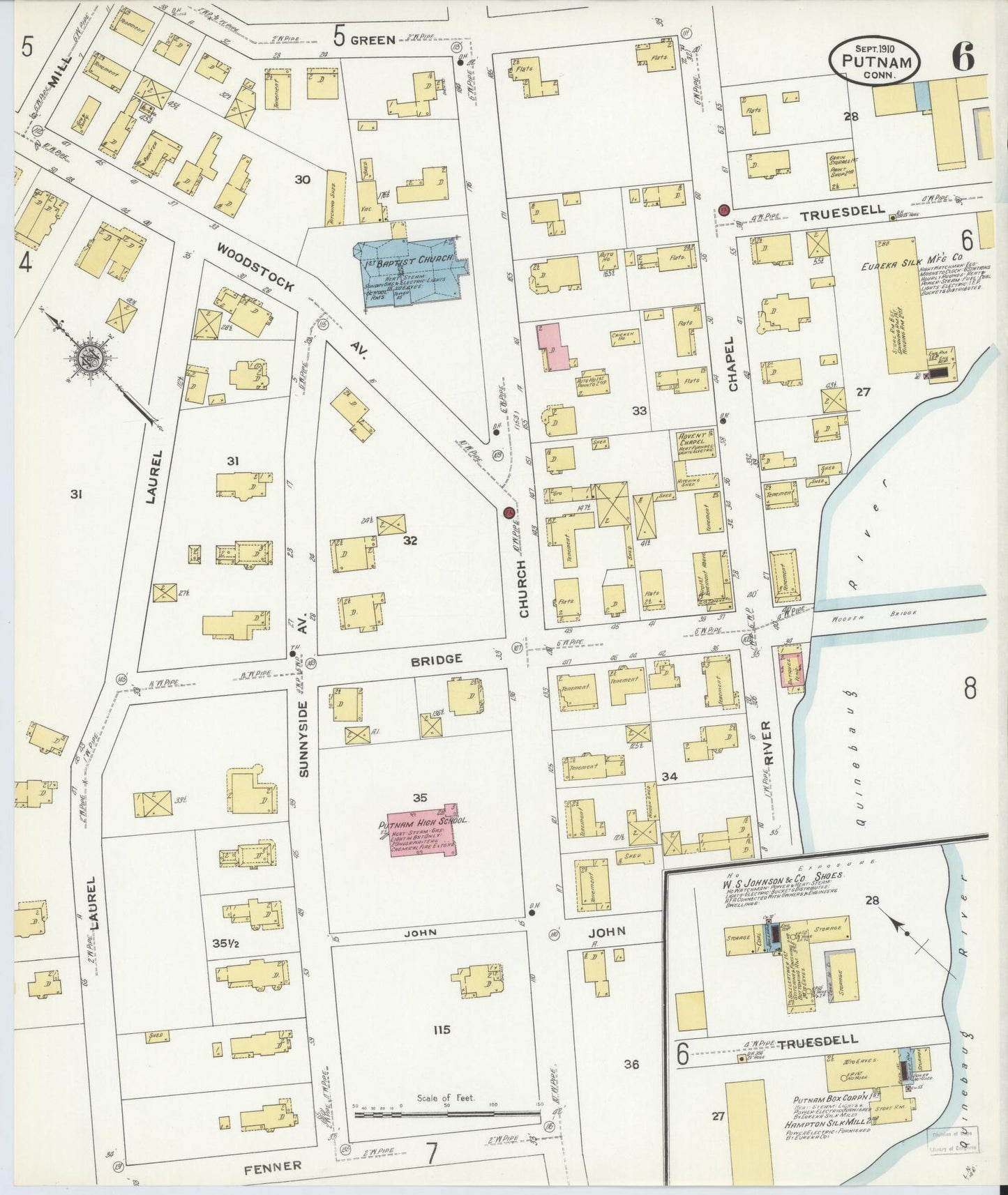 Sanborn Fire Insurance Map from Putnam, Windham County, Connecticut (1910), Sheet #0006 - Complete Map Set gallery image, historic Sanborn map, vintage wall art, Connecticut Connecticut