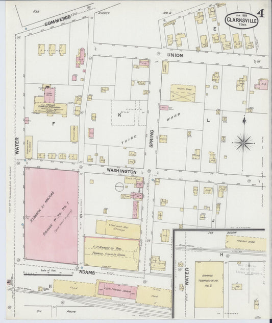 Sanborn Fire Insurance Map from Clarksville, Montgomery County, Tennessee (1889), Sheet #0004 - Historic Sanborn Fire Insurance Map Print, vintage old map wall art, antique decor, genealogy gift, Tennessee Tennessee map