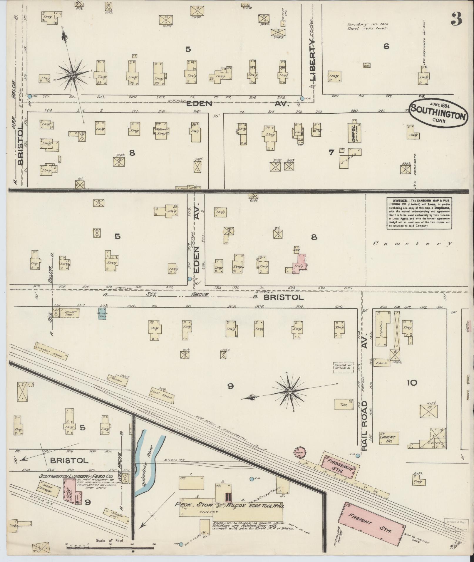 Sanborn Fire Insurance Map from Southington, Hartford County, Connecticut (1884), Sheet #0003 - Complete Map Set gallery image, historic Sanborn map, vintage wall art, Connecticut Connecticut