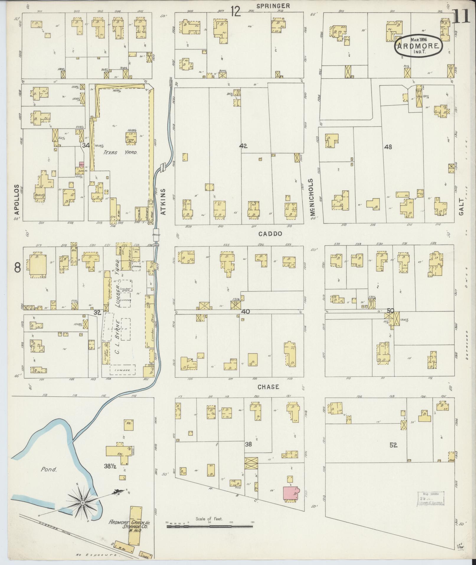 Sanborn Fire Insurance Map from Ardmore, Carter County, Oklahoma (1896), Sheet #0011 - Historic Sanborn Fire Insurance Map Print, vintage old map wall art, antique decor, genealogy gift, Oklahoma Oklahoma map