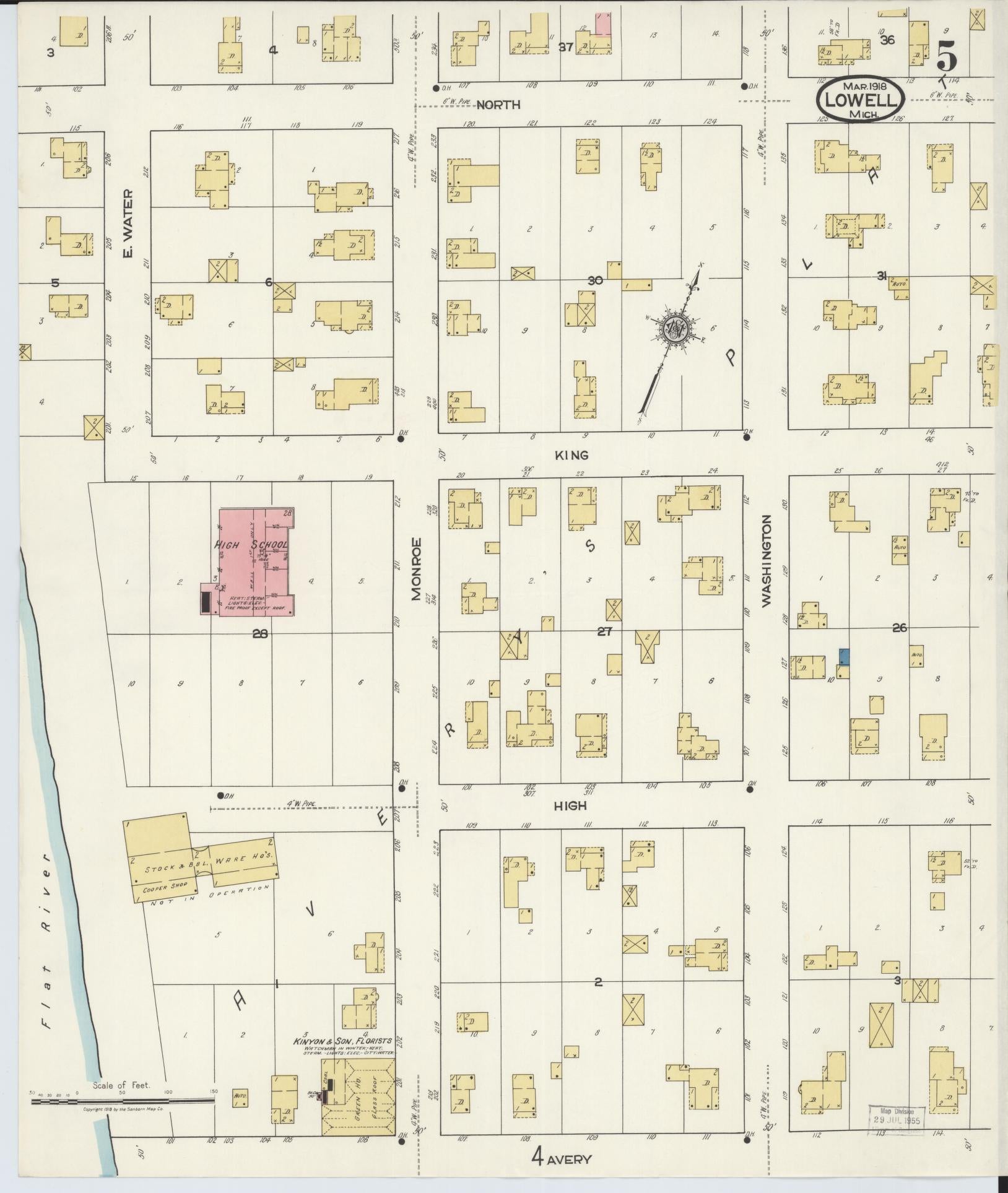 Sanborn Fire Insurance Map from Lowell, Kent County, Michigan (1918), Sheet #0005 - Complete Map Set gallery image, historic Sanborn map, vintage wall art, Michigan Michigan