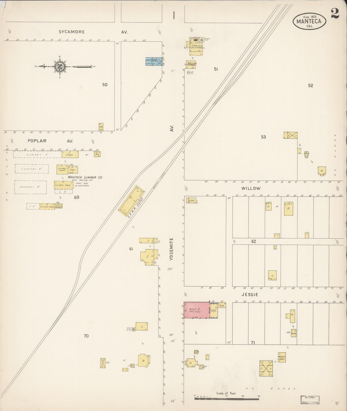 Sanborn Fire Insurance Map from Manteca, San Joaquin County, California (1913), Sheet #0002 - Complete Map Set gallery image, historic Sanborn map, vintage wall art, California California