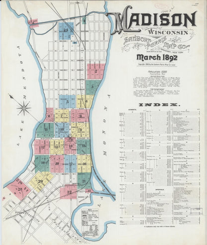 Sanborn Fire Insurance Map from Madison, Dane County, Wisconsin (1892), Sheet #0001 - Complete Map Set gallery image, historic Sanborn map, vintage wall art, Wisconsin Wisconsin